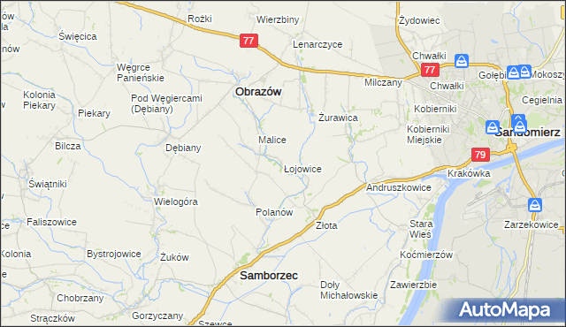 mapa Łojowice gmina Samborzec, Łojowice gmina Samborzec na mapie Targeo