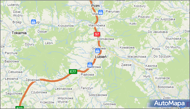 mapa Lubień powiat myślenicki, Lubień powiat myślenicki na mapie Targeo