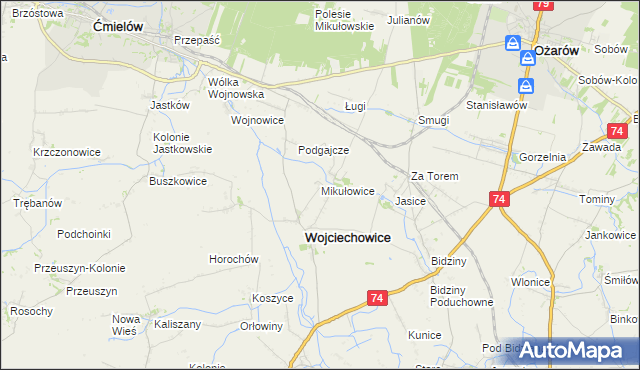 mapa Mikułowice gmina Wojciechowice, Mikułowice gmina Wojciechowice na mapie Targeo