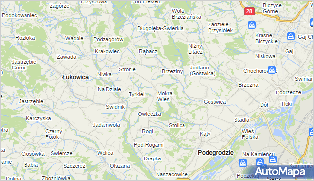 mapa Mokra Wieś gmina Podegrodzie, Mokra Wieś gmina Podegrodzie na mapie Targeo