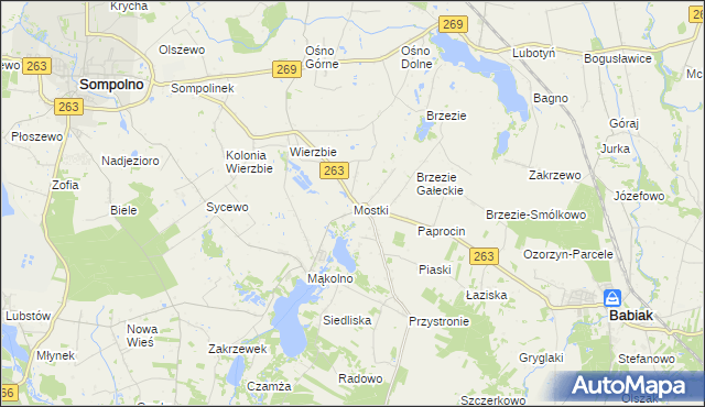 mapa Mostki gmina Sompolno, Mostki gmina Sompolno na mapie Targeo
