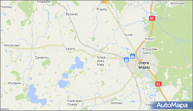 mapa Nowa Wieś Mała gmina Dobre Miasto, Nowa Wieś Mała gmina Dobre Miasto na mapie Targeo