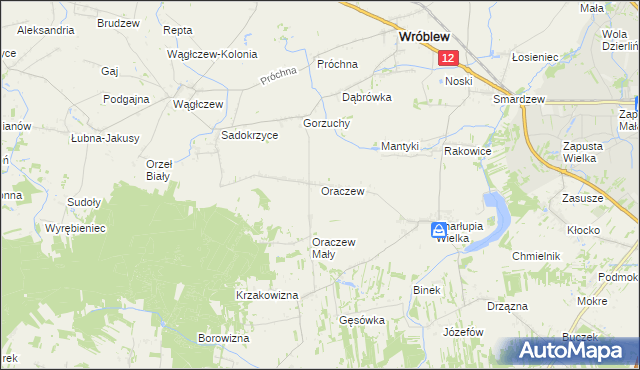 mapa Oraczew gmina Wróblew, Oraczew gmina Wróblew na mapie Targeo
