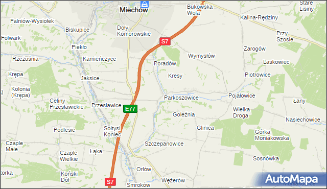 mapa Parkoszowice gmina Miechów, Parkoszowice gmina Miechów na mapie Targeo
