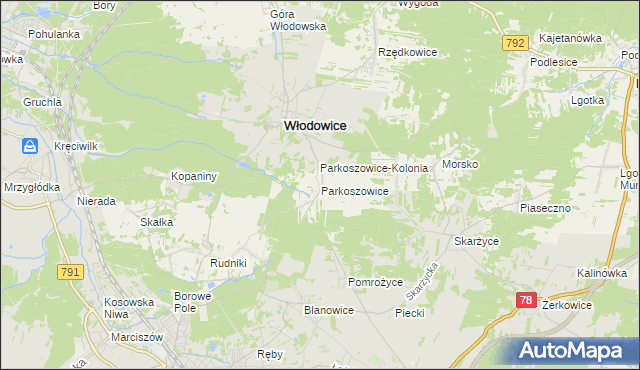 mapa Parkoszowice gmina Włodowice, Parkoszowice gmina Włodowice na mapie Targeo