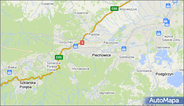 mapa Piechowice powiat jeleniogórski, Piechowice powiat jeleniogórski na mapie Targeo