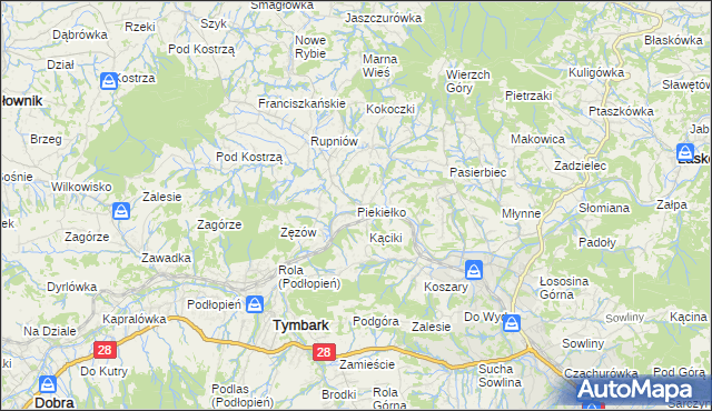 mapa Piekiełko gmina Tymbark, Piekiełko gmina Tymbark na mapie Targeo