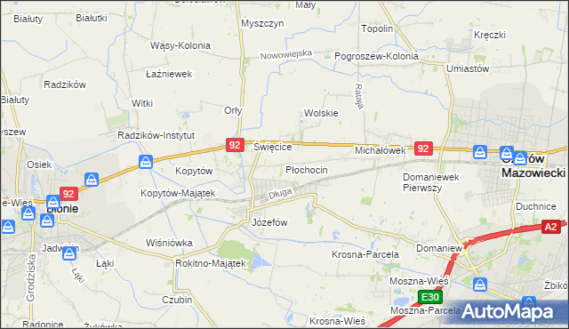 mapa Płochocin gmina Ożarów Mazowiecki, Płochocin gmina Ożarów Mazowiecki na mapie Targeo