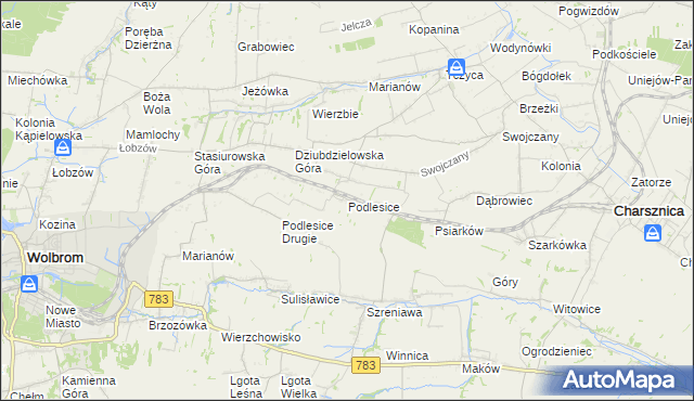 mapa Podlesice gmina Charsznica, Podlesice gmina Charsznica na mapie Targeo