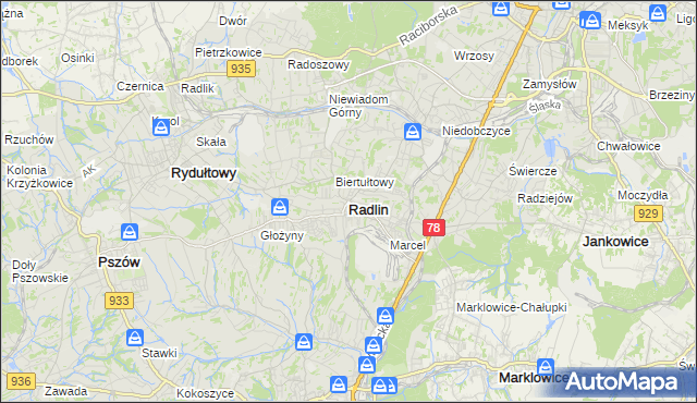 mapa Radlin powiat wodzisławski, Radlin powiat wodzisławski na mapie Targeo