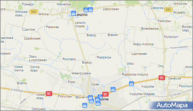 mapa Radzików gmina Błonie, Radzików gmina Błonie na mapie Targeo