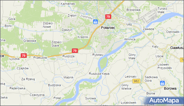mapa Rybitwy gmina Połaniec, Rybitwy gmina Połaniec na mapie Targeo