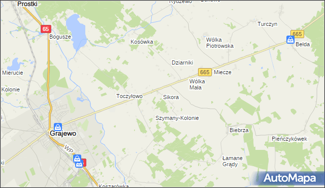 mapa Sikora gmina Grajewo, Sikora gmina Grajewo na mapie Targeo