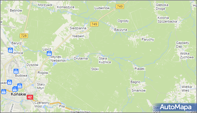 mapa Stara Kuźnica gmina Końskie, Stara Kuźnica gmina Końskie na mapie Targeo