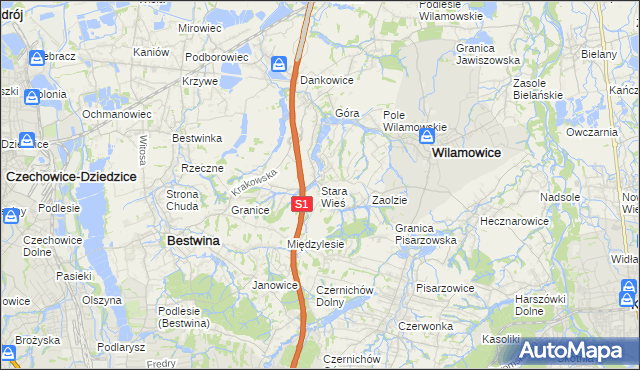 mapa Stara Wieś gmina Wilamowice, Stara Wieś gmina Wilamowice na mapie Targeo