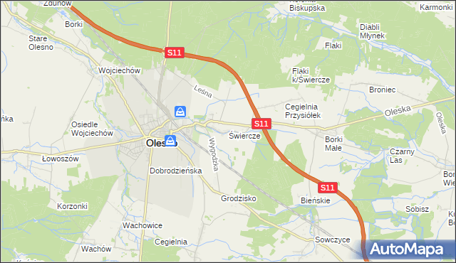 mapa Świercze gmina Olesno, Świercze gmina Olesno na mapie Targeo