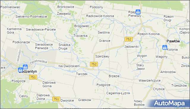 mapa Szerzawy gmina Pawłów, Szerzawy gmina Pawłów na mapie Targeo