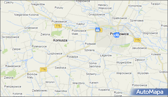 mapa Szklana gmina Proszowice, Szklana gmina Proszowice na mapie Targeo