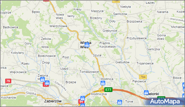 mapa Szyce gmina Wielka Wieś, Szyce gmina Wielka Wieś na mapie Targeo