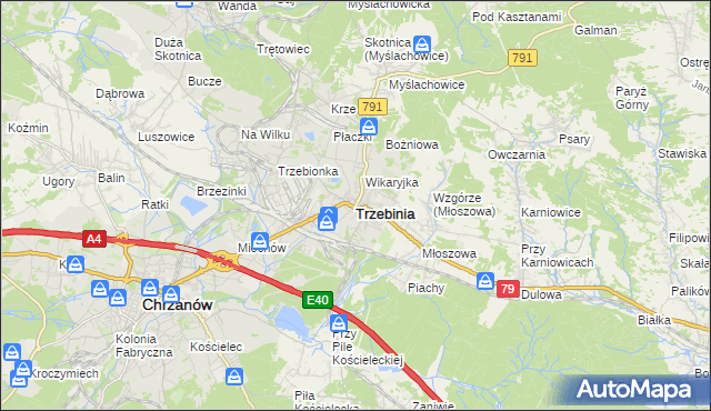 mapa Trzebinia powiat chrzanowski, Trzebinia powiat chrzanowski na mapie Targeo