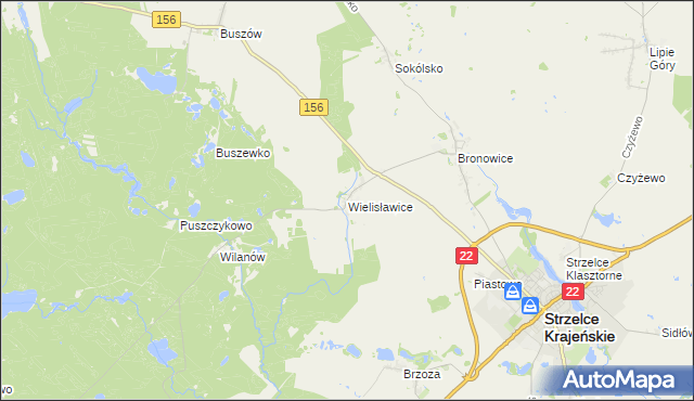 mapa Wielisławice gmina Strzelce Krajeńskie, Wielisławice gmina Strzelce Krajeńskie na mapie Targeo