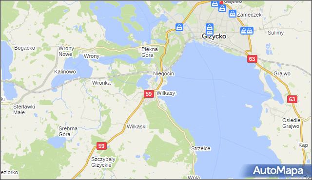 mapa Wilkasy gmina Giżycko, Wilkasy gmina Giżycko na mapie Targeo