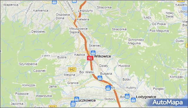 mapa Wilkowice powiat bielski, Wilkowice powiat bielski na mapie Targeo