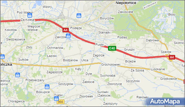 mapa Zagórze gmina Niepołomice, Zagórze gmina Niepołomice na mapie Targeo