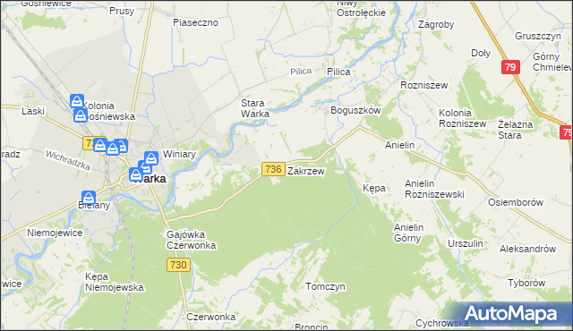 mapa Zakrzew gmina Grabów nad Pilicą, Zakrzew gmina Grabów nad Pilicą na mapie Targeo
