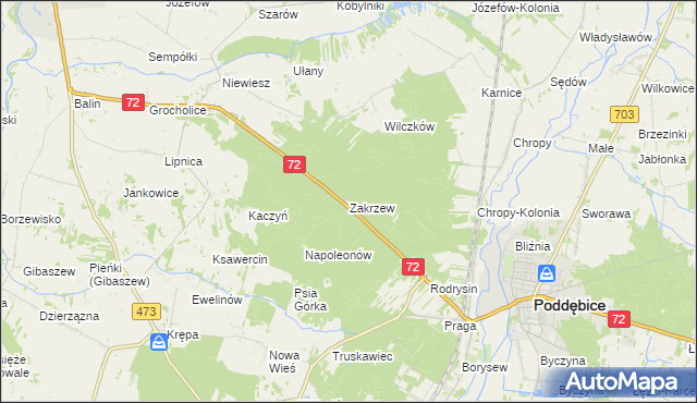 mapa Zakrzew gmina Poddębice, Zakrzew gmina Poddębice na mapie Targeo