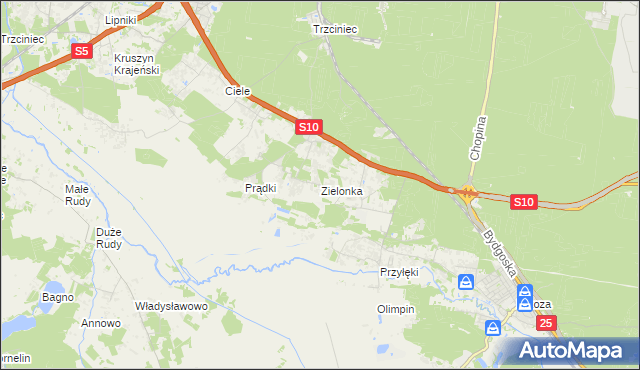 mapa Zielonka gmina Białe Błota, Zielonka gmina Białe Błota na mapie Targeo