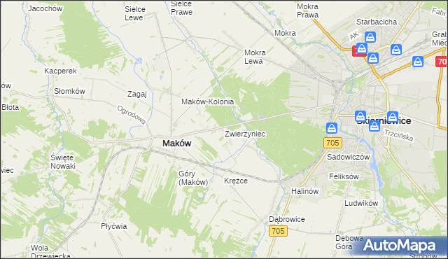 mapa Zwierzyniec gmina Maków, Zwierzyniec gmina Maków na mapie Targeo