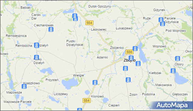 mapa Adamki gmina Zbójno, Adamki gmina Zbójno na mapie Targeo