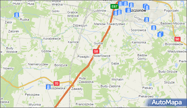 mapa Adamowice gmina Mszczonów, Adamowice gmina Mszczonów na mapie Targeo