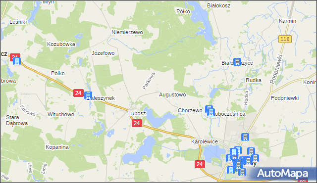 mapa Augustowo gmina Kwilcz, Augustowo gmina Kwilcz na mapie Targeo