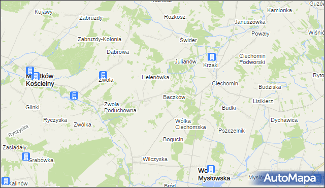 mapa Baczków gmina Wola Mysłowska, Baczków gmina Wola Mysłowska na mapie Targeo