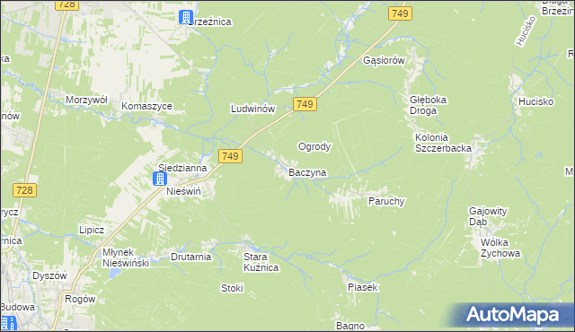 mapa Baczyna gmina Końskie, Baczyna gmina Końskie na mapie Targeo