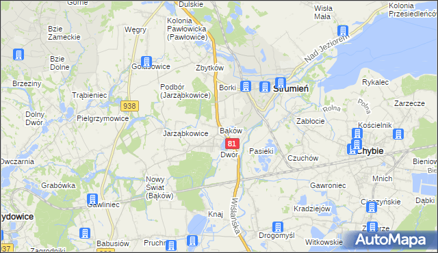 mapa Bąków gmina Strumień, Bąków gmina Strumień na mapie Targeo