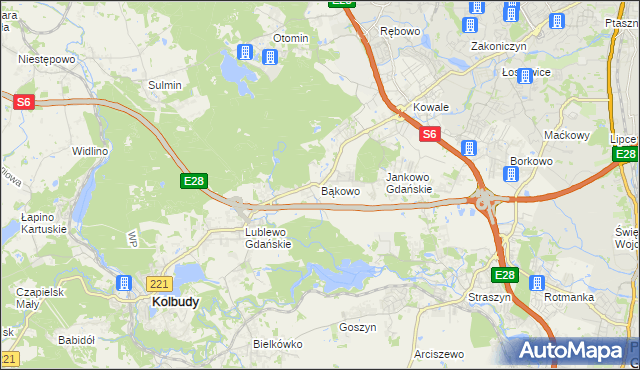 mapa Bąkowo gmina Kolbudy, Bąkowo gmina Kolbudy na mapie Targeo