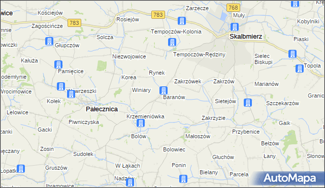 mapa Baranów gmina Skalbmierz, Baranów gmina Skalbmierz na mapie Targeo