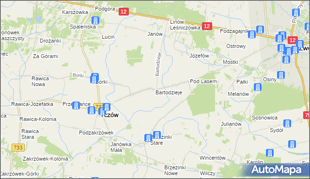 mapa Bartodzieje gmina Tczów, Bartodzieje gmina Tczów na mapie Targeo