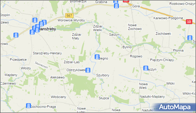 mapa Begno gmina Staroźreby, Begno gmina Staroźreby na mapie Targeo