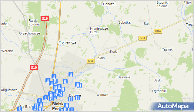 mapa Biała gmina Bielsk Podlaski, Biała gmina Bielsk Podlaski na mapie Targeo