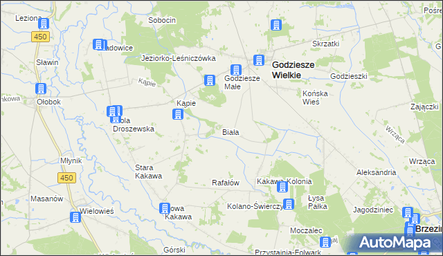 mapa Biała gmina Godziesze Wielkie, Biała gmina Godziesze Wielkie na mapie Targeo