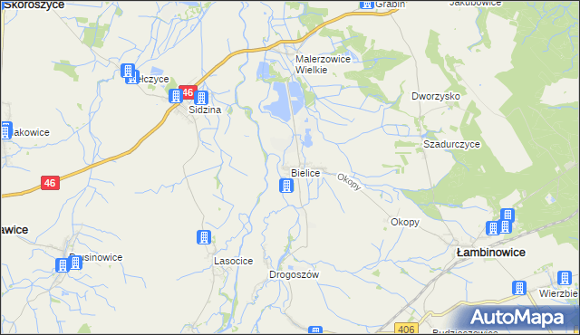 mapa Bielice gmina Łambinowice, Bielice gmina Łambinowice na mapie Targeo