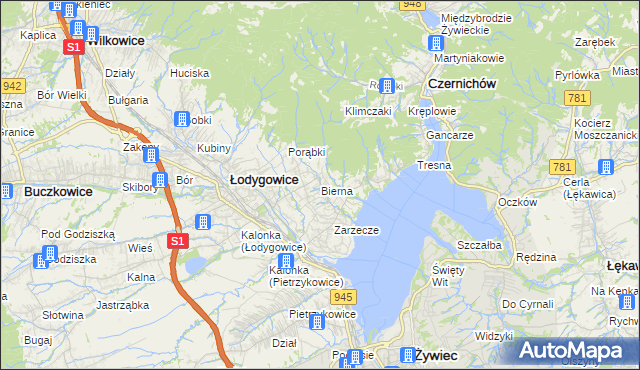 mapa Bierna gmina Łodygowice, Bierna gmina Łodygowice na mapie Targeo
