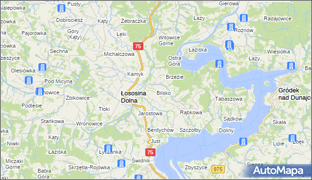 mapa Bilsko gmina Łososina Dolna, Bilsko gmina Łososina Dolna na mapie Targeo