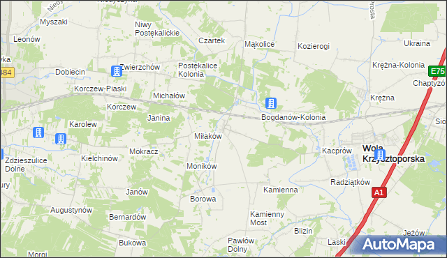 mapa Bogdanów gmina Wola Krzysztoporska, Bogdanów gmina Wola Krzysztoporska na mapie Targeo