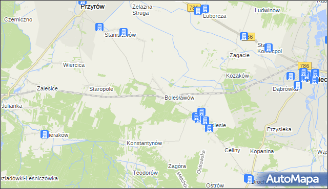 mapa Bolesławów gmina Przyrów, Bolesławów gmina Przyrów na mapie Targeo