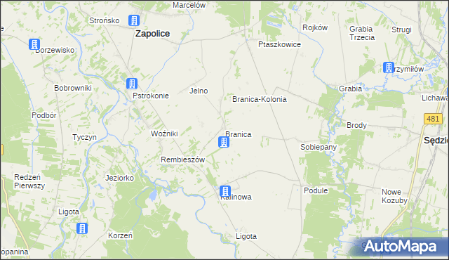 mapa Branica gmina Zapolice, Branica gmina Zapolice na mapie Targeo